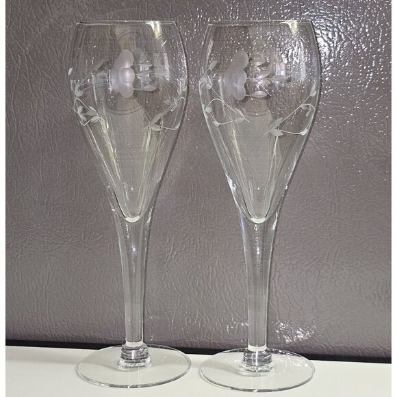 2 Princess House Heritage Champagne Flute 7.7" handblown crystal fluted Etched - Picture 4 of 7